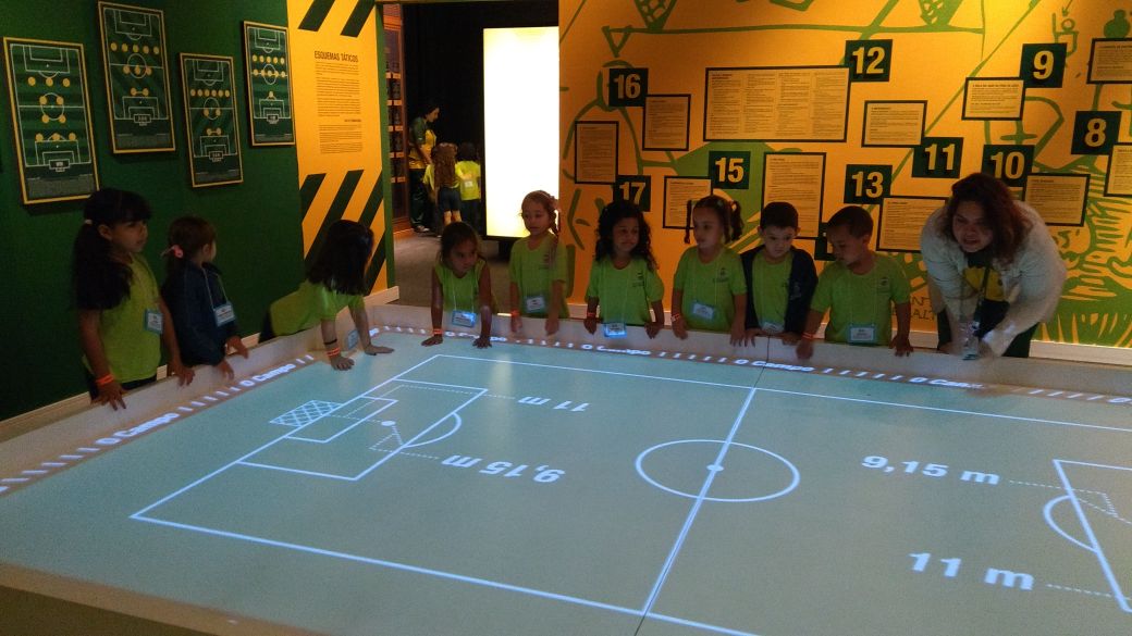 Nove crianças, alunos da educação infantil, e uma adulta, em volta de uma tela com um campo de futebol