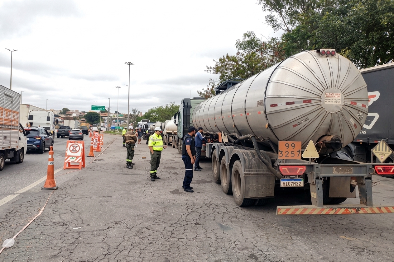PBH faz nova operação conjunta com a ANTT no Novo Anel para fiscalizar veículos que transportam cargas perigosas Imagem mostra uma fiscalização de um caminhão-tanque que transporta carga perigosa, realizada por agentes em uma via de grande movimento. A área está sinalizada com cones e placas de segurança, enquanto os fiscais realizam a abordagem do veículo.
