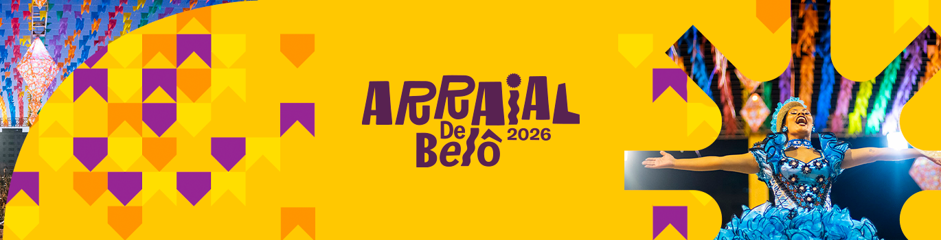 Em fundo amarelo temos à esquerda bandeiras de festa junina, à direita temos uma mulher vestida de azul com os braços abertos e dançando. Ao centro temos escrito em marrom: Arraial de Belô 2026.