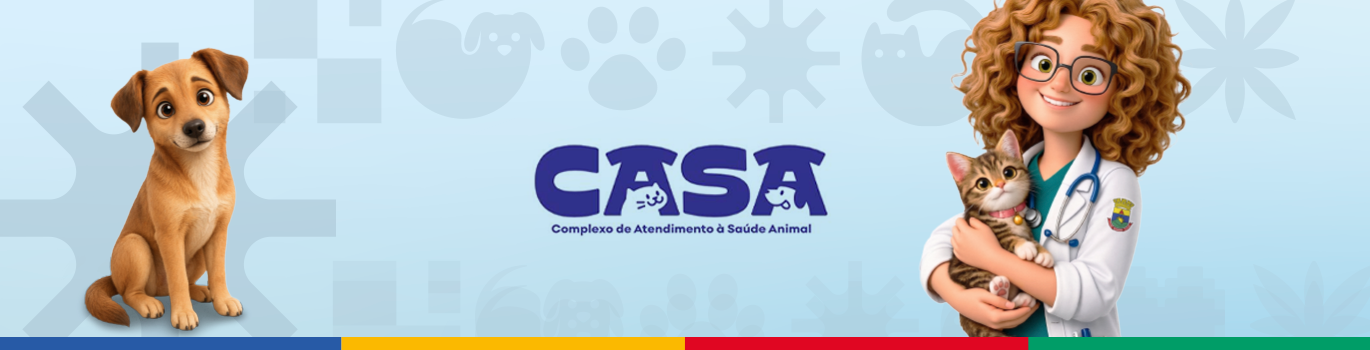 À esquerda há um cachorro caramelo sentado. Ao centro o escrito em azul escuro: CASA Complexo de Atendimento à Saúde Animal. À direita a Bel (Inteligência Artificial da PBH) vestida de veterinária e abraçada com um gato.