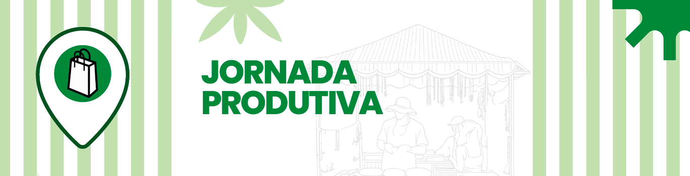 À esquerda temos o desenho de uma sacola de compras dentro de um circulo em verde escuro, que está dentro de um balão branco. No centro temos o escrito em verde escuro: Jornada Produtiva.