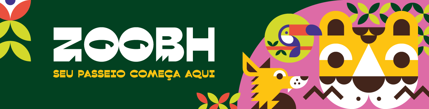 Zoológico de BH Banner do Zoológico de Belo Horizonte (ZooBH), com fundo verde e rosa, a frase “Seu passeio começa aqui” em amarelo e ilustrações coloridas de animais, como uma onça e uma cobra, convidando o público a visitar o zoológico.