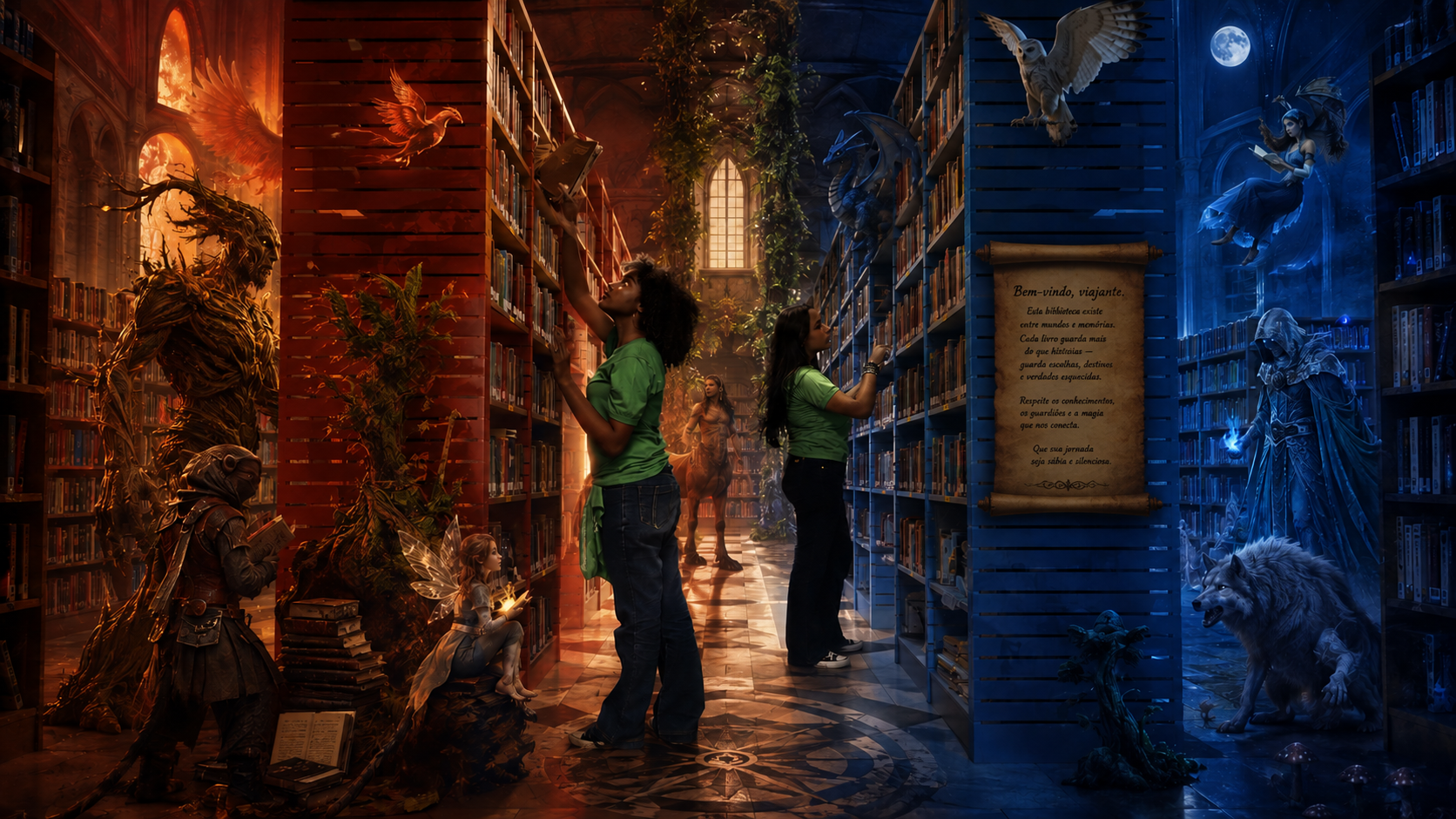 Estudantes da rede municipal expõem fotografias na mostra “Um olhar, uma luz” no Museu das Minas e do Metal A imagem apresenta duas estudantes da Escola Municipal Carlos Drummond de Andrade, da Regional Venda Nova, usando camisetas verdes e procurando livros nas estantes de uma biblioteca escolar, mas em um ambiente fantástico, com personagens mágicos, criaturas, plantas e iluminação em tons quentes e frios, como se os livros abrissem portais para outros mundos