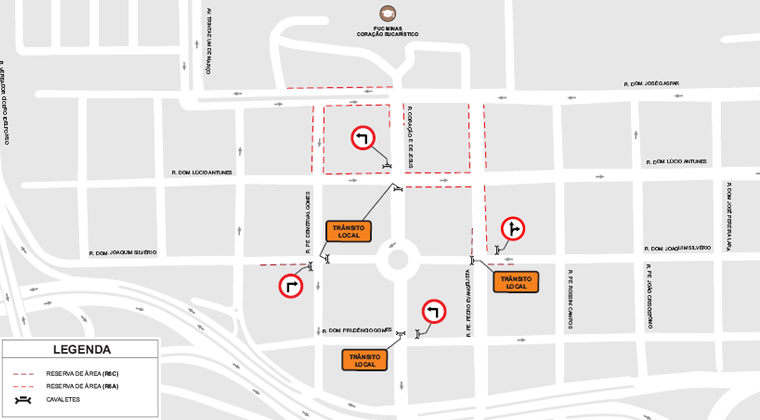 Mapa da operação de trânsito realizada para o vestibular da PC Minas no dia 17/11.