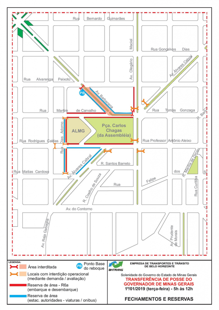 Mapa de intervenção de trânsito da praça da Assembleia devido a posse do governador, entre 31/12/2018 e 1º/1/2019.