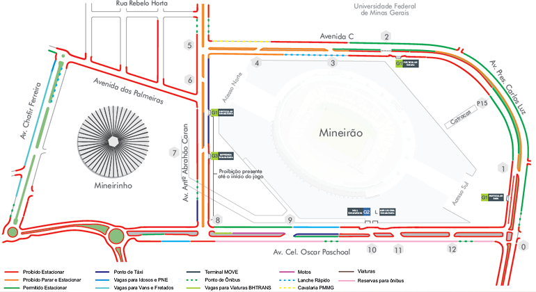 Mapa da operação de trânsito para o jogo Atlético x Cruzeiro, no Mineirão