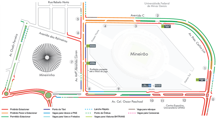 Mapa de operação de trânsito e transportes do Evento Baile da Santinha, no Mineirão.