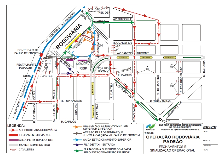 Mapa da operação de trânsito e transportes na Rodoviária para o feriado de Corpus Christi. 