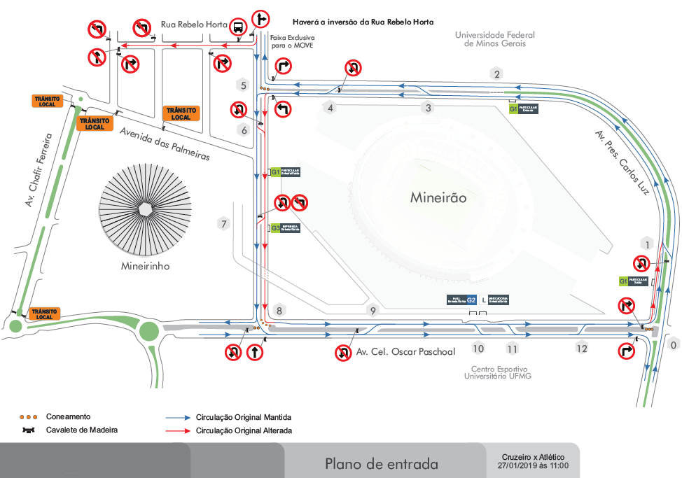 Mapa da operação de transporte e trânsito para jogo no Mineirão. 