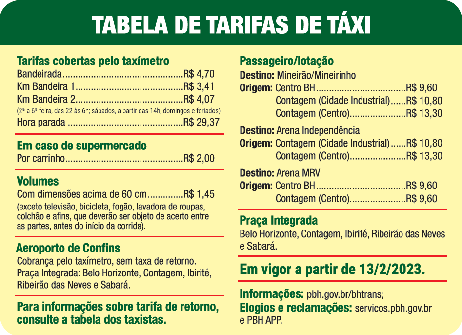 Tarifas Táxi 2023
