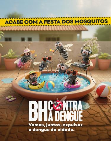 Sete mosquitos da dengue, Aedes Aegypti, utilizando o pratinho do vazo de planta como piscina. Eles fazem a festa trajando assessórios de banho.