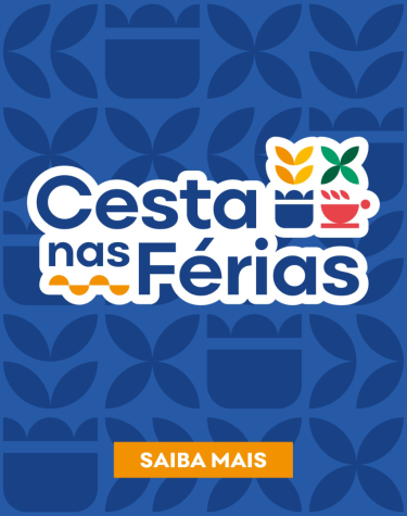 Fundo azul com ícones coloridos e os dizeres Cesta nas Férias