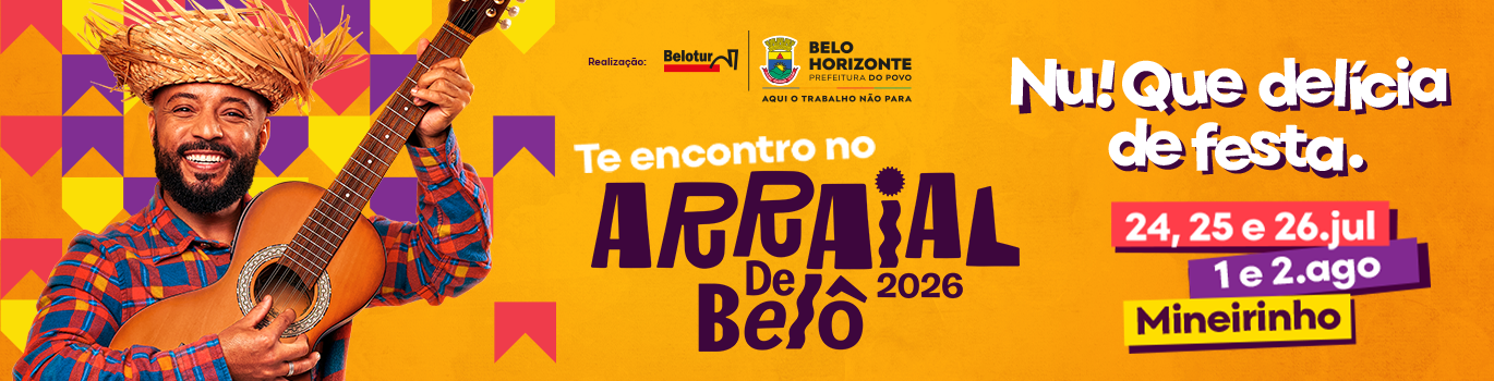 Um homem caracterizado com roupas de festa junina sorrindo para a foto e tocando uma viola. Pode-se ler Te encontro no Arraial de Belô 2026, Se cê num for só cê num vai. 24,25 e 26 de julho, 1 e 2 de agosto, Mineirinho.