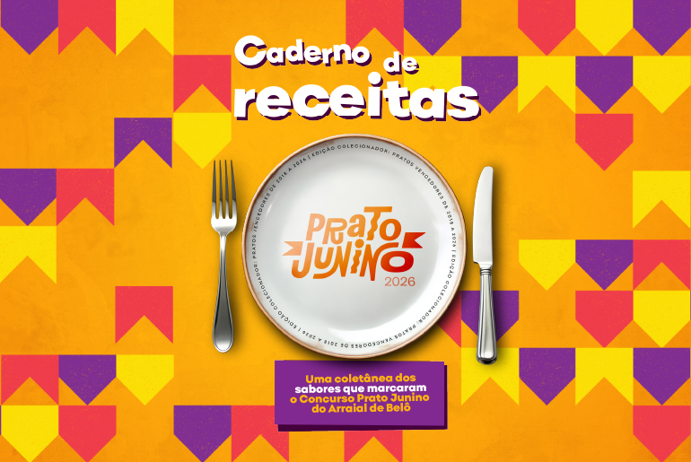 Revista com receitas do Concurso Prato Junino é publicada pela Belotur para celebrar o Dia Mundial da Alimentação Banner colorido em tons de amarelo, laranja, vermelho e roxo, com prato, garfo e faca ao centro. Destaque para o “Caderno de Receitas Prato Junino 2026”, que reúne receitas premiadas do Arraial de Belô.
