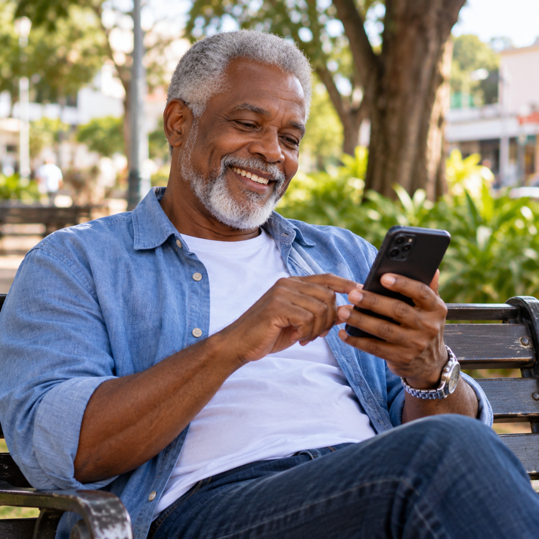 Prazo para prova de vida de aposentados e pensionistas com aniversário em outubro termina neste sábado (31) Arte com um idoso negro, sorrindo, usando camiseta branca e camisa azul, com um telefone celular em mãos.