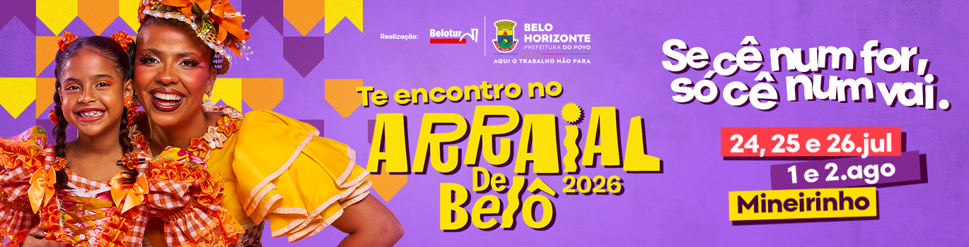 Arraial de Belô Uma mulher e uma criança caracterizadas com roupas de festa junina sorrindo para a foto. Pode-se ler Te encontro no Arraial de Belô 2026, Se cê num for só cê num vai. 24,25 e 26 de julho, 1 e 2 de agosto, Mineirinho.
