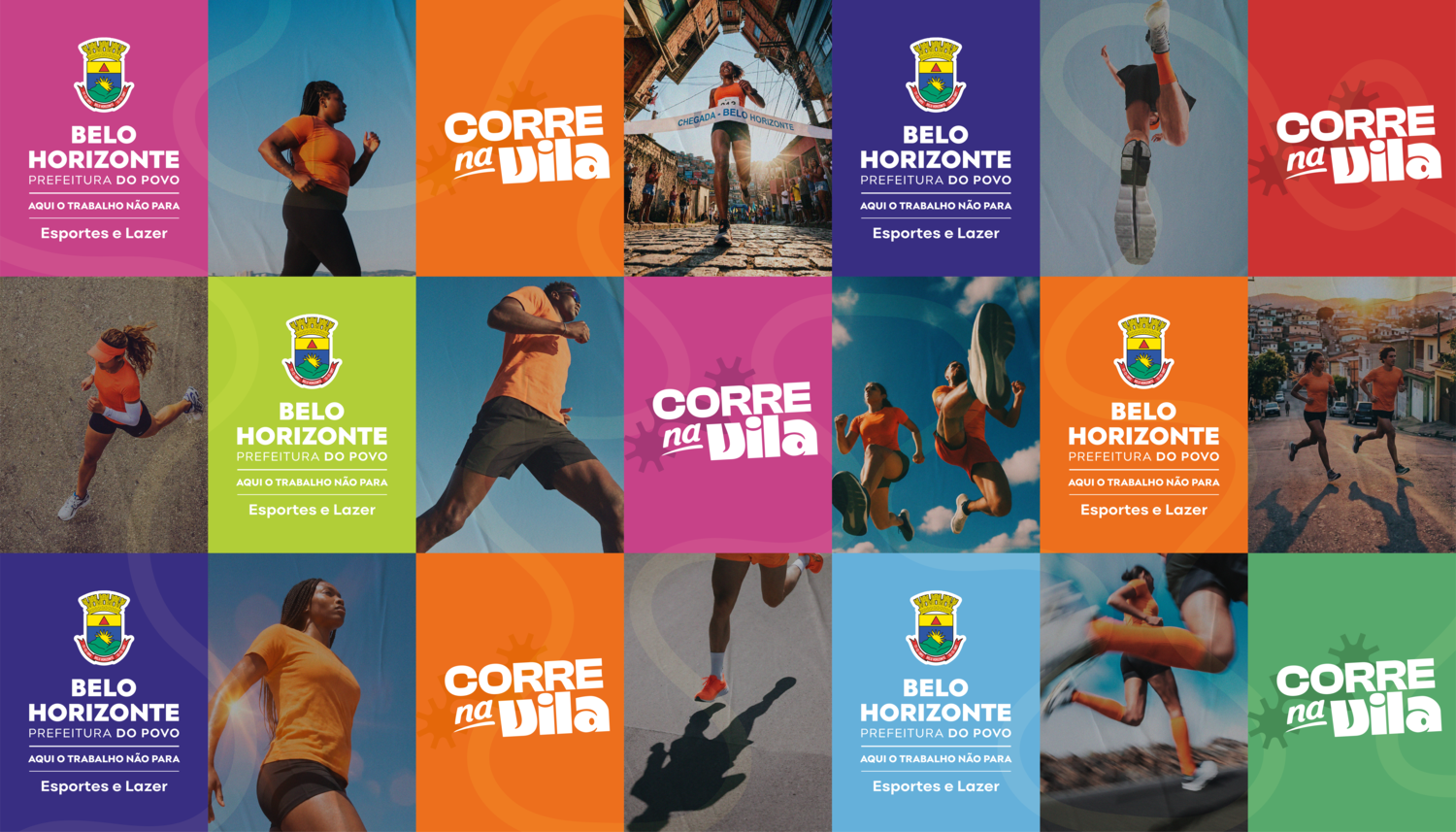 Corre na Vila será neste domingo (18), e inscrições para a segunda etapa começam na segunda-feira (19) Arte mostra várias pessoas praticando corrida de rua. Todos estão usando camiseta laranja; alguns usam short, outros calça para a prática de esporte. A arte alterna a logo da PBH, com o título da atividade: Corre na Vila em azul, laranja e verde.