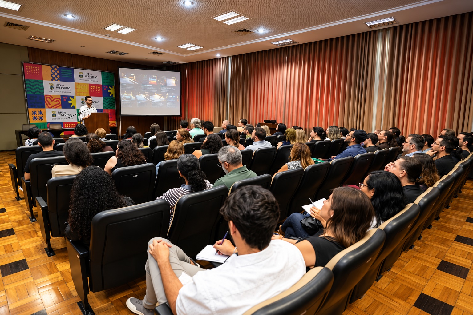 Compras públicas: BH debate inovação e inteligência artificial em ciclo de aprendizagem A imagem mostra, do fundo de um auditório iluminado, uma plateia de costas atenta a uma palestra. No palco, à esquerda, um palestrante fala num púlpito junto a um painel colorido com a inscrição "Rio de Histórias - Encontro de Legislação". Ao centro, uma tela exibe slides com textos e imagens, e a lateral do recinto está coberta por uma cortina terracota.