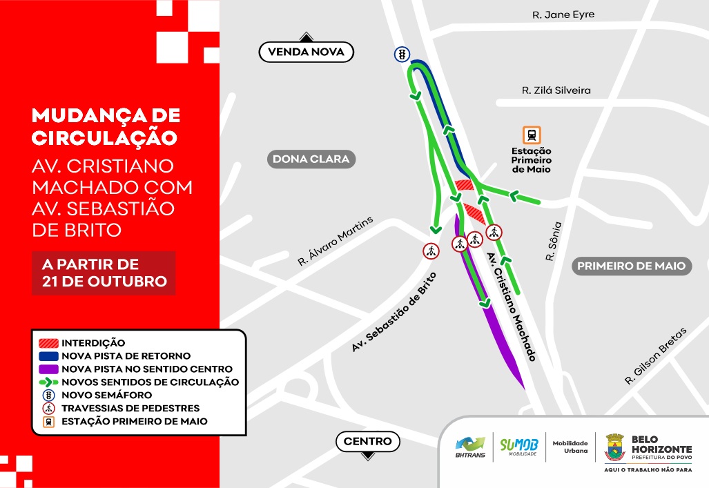 Cristiano Machado terá alterações no trânsito a partir desta quarta-feira (21) para obras dos viadutos com a Avenida Sebastião de Brito Mapa com as mudanças no trânsito da Avenida Cristiano Machado com a Avenida Sebastião de Brito para obras de viadutos, com as alterações sinalizadas de verde e roxo.