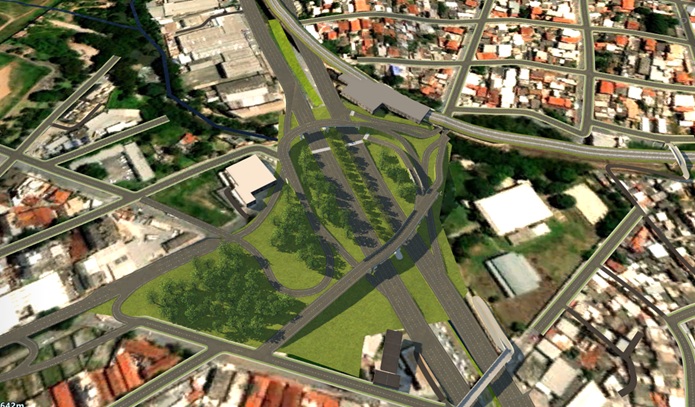 Ilustração mostra dois viadutos que se unem em alças arredondas sobre a Avenida Cristiano Machado