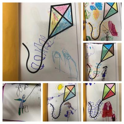 #paratodosverem Descrição: fotografia colorida de desenhos de alunos(as) das turmas de 4 anos da Emei Jardim Guanabara. As ilustrações mostram pipas e pessoas brincando com elas.