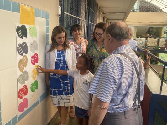 Legenda: Aluna da EM Edson Pisani apresenta a escola para o prefeito e para a secretária de educação Foto por: João Pedro Ribeiro #paratodosverem: fotografia colorida de uma estudante da Escola Municipal Edson Pisani apresentando a escola para o prefeito de Belo Horizonte e para a secretária municipal de educação. Ambos estão em um dos corredores da escola. A criança aponta sorridentemente para um cartaz pregado na parede, com os aniversariantes de cada mês, Enquanto isso, o prefeito, a secretária e a vice-diretora da escola observam atentamente.