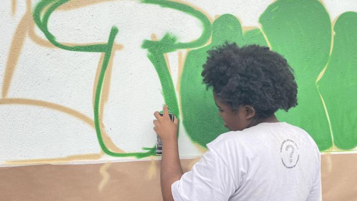 #paratodosverem Descrição: fotografia colorida de uma estudante usando lata de tinta spray para pintar, na cor verde, o muro da escola. Foto por: Nathália Ferreira.