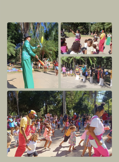 #paratodosverem: colagem com quatro fotografias retratando atividades do evento. Nas fotos, é possível ver uma apresentação de um palhaço, um espetáculo musical, uma corrida de sacos entre os adultos e uma corrida entre as crianças.