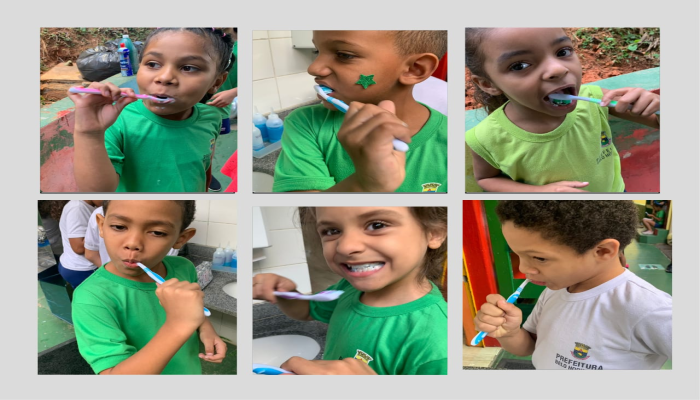 #paratodosverem Descrição: fotografia colorida com fundo cinza e 6 fotografias de estudantes efetuando a escovação dos dentes. Foto: Acervo Escola Municipal Américo Renê Giannetti