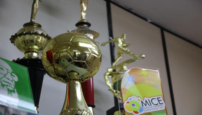 #paratodosverem Descrição: Fotografia colorida de troféu no formato de bola de futebol na cor dourada. Foto por: Luiz Fernando Afonso Veloso. 
