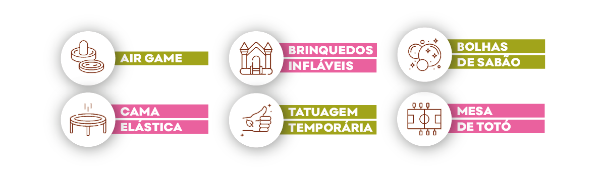 Air game, brinquedos infláveis, bolhas de sabão, cama elástica, tatuagem temporária e mesa de totó 