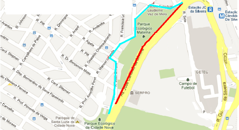 Mapa de desvio de trânsito da avenida José Cândido da Silveira