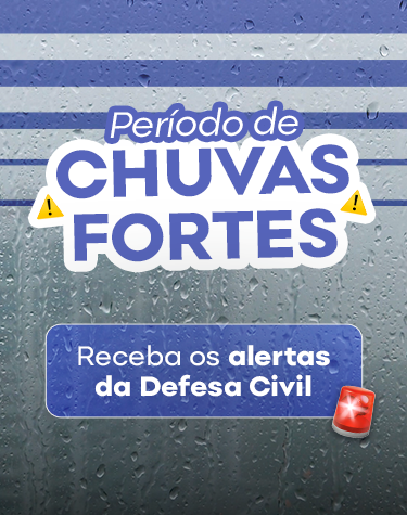 Vidro com gotas de água, onde se vê os escritos "Chuvas fortes. Receba os alertas da Defesa Civil"