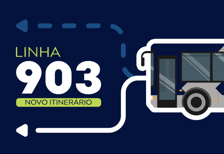 Linha de ônibus 903 terá alterações no itinerário a partir deste domingo (1º) Imagem com fundo azul-escuro, com a frase “Linha 903 – Novo Itinerário” em destaque, nas cores branca e verde. À direita, aparece a ilustração de um ônibus, acompanhada de linhas curvas e tracejadas que representam um trajeto.