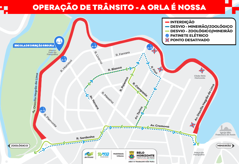 Mapa da Operação de Trânsito para interdição na Lagoa da Pampulha