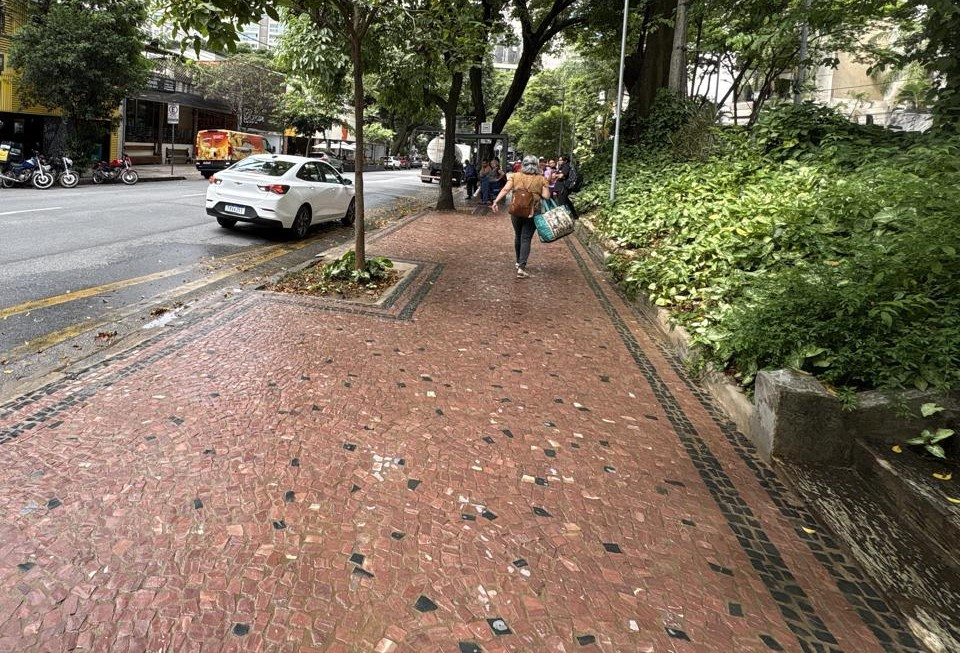 Foto da Praça Marília de Dirceu. Calçada de ladrilhos marrons e pretos, com canteiros de plantas na lateral direita e uma rua com um carro branco estacionado na lateral esquerda. 