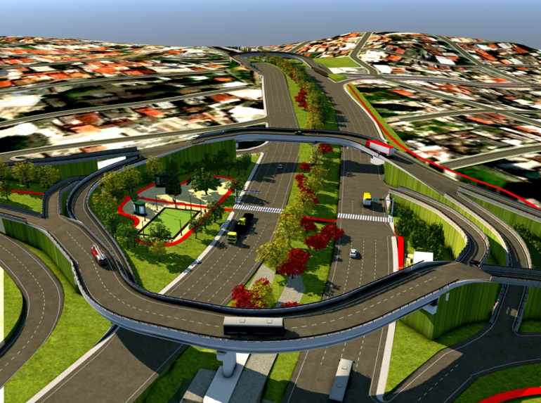 Obra de implantação de viadutos na avenida Sebastião de Brito conclui etapa decisiva Ilustração mostra dois viadutos que se unem em alças arredondas sobre a Avenida Cristiano Machado