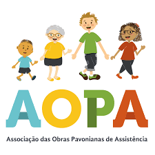 Logo da Associação das Obras Pavonianas de Assistência. Letras AOPA em cores no centro da imagem. Acima, 4 pessoas em formato de desenho.