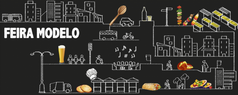 imagem de fundo preto com produtos de comidas típicas e bebidas da “comida de rua” e os dizeres Feira Modelo