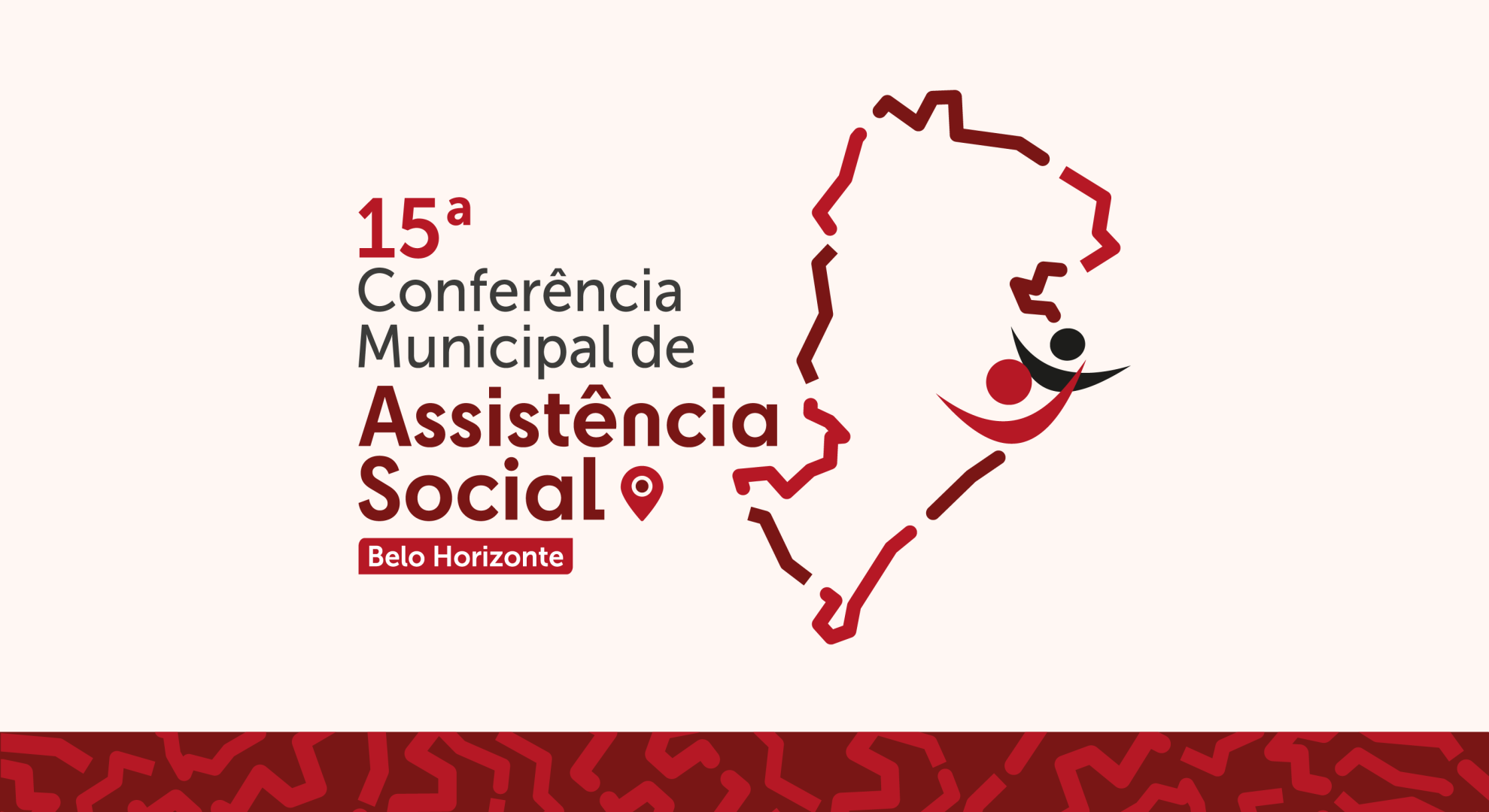 Imagem gráfica do logo da 15ª Conferência Municipal de Assistência Social de Belo Horizonte, composta por um ícone, nas cores preto e vermelho com um tracejado do mapa de belo horizonte e dois símbolos de pessoas de braços abertos