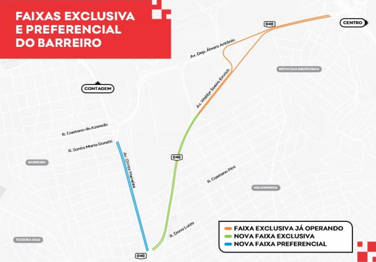 Avenidas Waldir Soeiro Emrich (Via do Minério) e Olinto Meireles passam a ter faixas exclusivas e preferenciais para ônibus no Barreiro Arte mostra mapa com setas destacando as avenidas que vão receber as faixas exclusivas e preferencias para o transporte coletivo