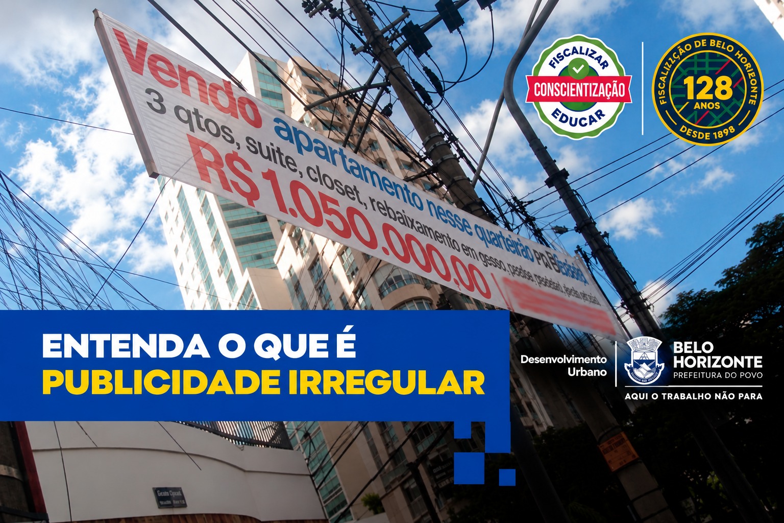 BH começa a notificar pelo WhatsApp responsável por publicidade irregular Ao fundo, há um banner de venda de apartamento instalado em meio a fios e postes. No alto, aparecem os selos “Fiscalizar, Conscientização, Educar” e “Fiscalização de Belo Horizonte – 128 anos”. Na parte inferior, lê-se “Entenda o que é publicidade irregular”.