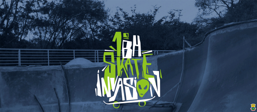 Gif animado de silhueta de skatistas fazendo manobras com o logotipo do evento "BH Skate Invasion" ao centro.
