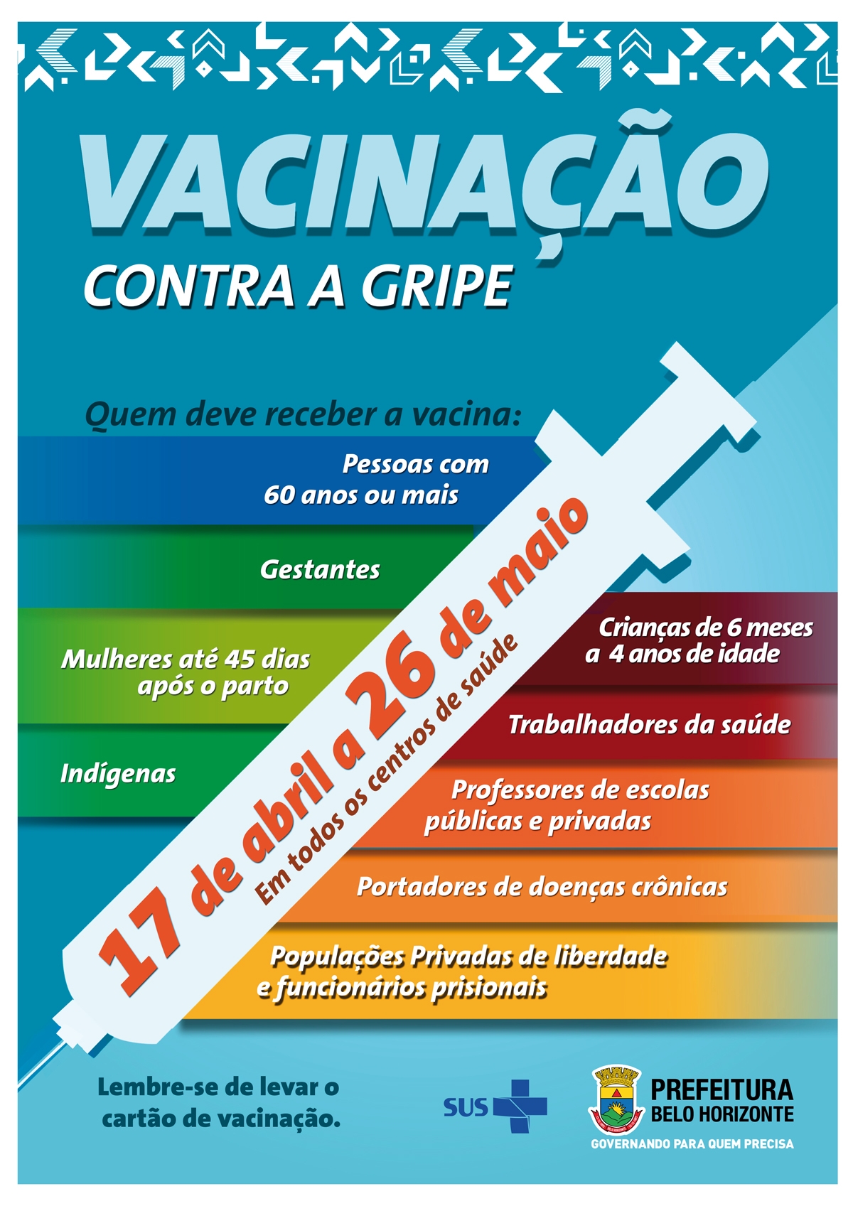 Cartaz de apresentação da campanha contra a gripe 2017. Arte com seringa e fundo colorido apresenta datas e público-alvo da campanha. O cartaz tem as logomarcas da Rede SUS e Prefeitura de Belo Horizonte