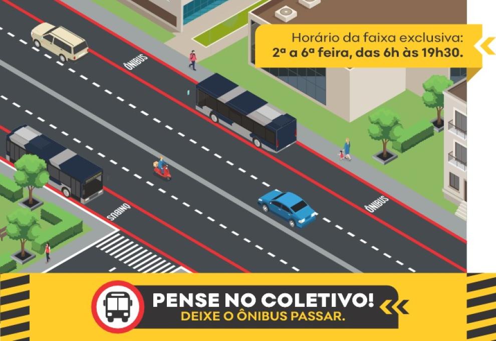 Arte mostra uma via com quatro faixas, sendo que na direita há um ônibus e na central um carro azul. Traz ainda um lettering onde se lê: Pense no coletivo! deixe o ônibus passar.