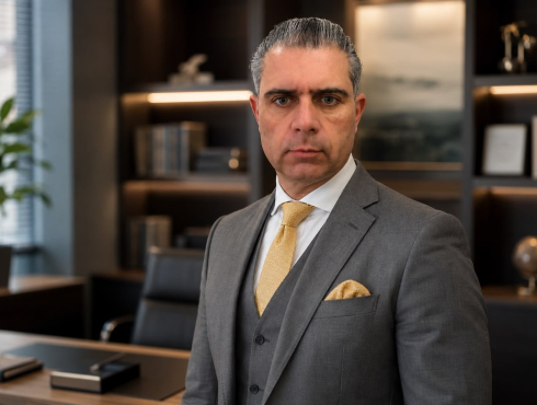 Homem de meia-idade, com cabelos grisalhos penteados para trás, vestindo terno cinza, camisa branca e gravata dourada. Apresenta aparência elegante e postura séria, em um ambiente corporativo sofisticado.