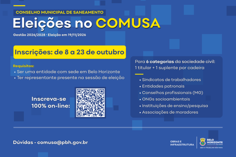 Inscrições abertas para eleição de representantes da sociedade civil no Comusa Arte com fundo azul e elementos gráficos em azul mais claro. No topo, os dizeres "Eleições no COMUSA". Abaixo uma caixa retangular amarela, com a frase em azul "Inscrições: de 8 a 23 de outubro".
