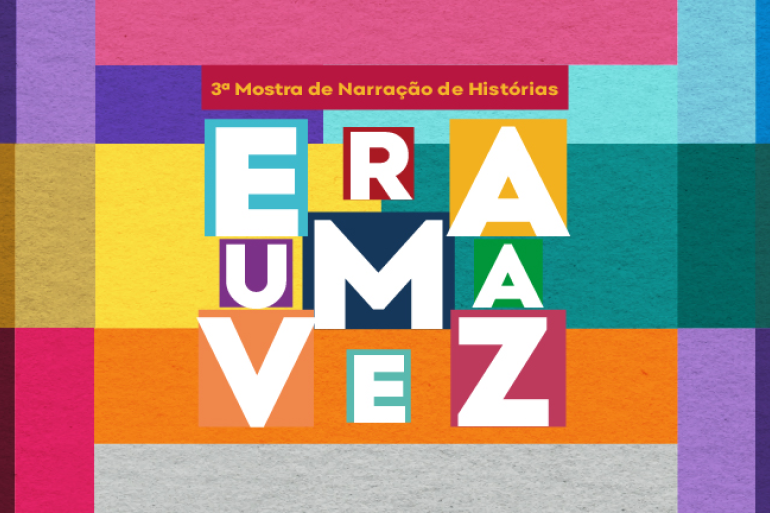 PBH abre inscrições para a “Mostra Era Uma Vez de Narração de Histórias” A imagem é um cartaz promocional com fundo colorido em estilo colagem de blocos retangulares e quadrados, com textura de papel artesanal. Na parte superior central, dentro de uma faixa retangular vermelha na horizontal, está escrito em letras amareladas e em caixa alta: "3ª Mostra de Narração de Histórias". Logo abaixo, destaca-se o título principal da mostra: "ERA UMA VEZ", organizado em três linhas com letras grandes e brancas, inseridas dentro de pequenos quadros coloridos.
