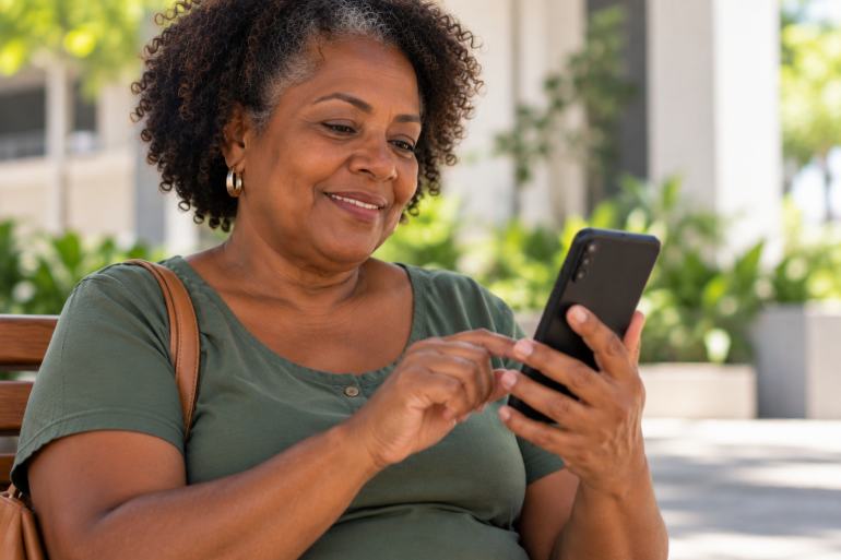 Prazo para prova de vida de aposentados e pensionistas da PBH com aniversário em setembro termina nesta quarta-feira (30) Mulher negra, sentada em um banco, mexendo no celular e sorrindo. Ao fundo, há plantas e uma área externa iluminada por luz natural.