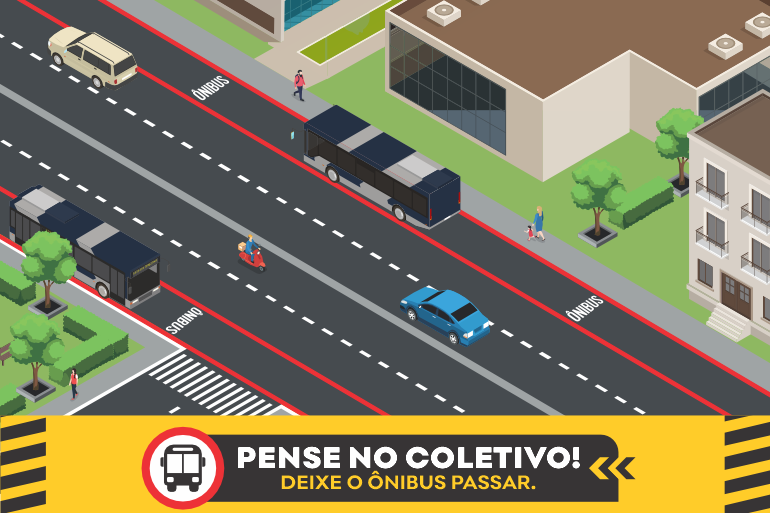 Avenidas Waldir Soeiro Emrich (Via do Minério) e Olinto Meireles passam a ter faixas exclusivas e preferenciais para ônibus no Barreiro A imagem é uma arte gráfica e mostra uma via de trânsito, em cor cinza, com seis pistas. A pista é dividida por uma faixa de tom cinza mais claro e cada metade é dividida em linhas trassejadas também na cor cinza claro. Nos cantos de cada pista, ambas são demarcadas em vermelho, indicando as faixas exclusivas para ônibus. Nas laterais da pista é possível visualizar edificações, vegetação e árvores.